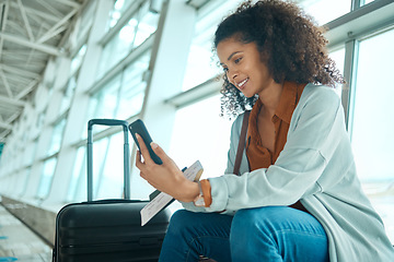 Image showing Travel ticket, phone and black woman at airport on a video call waiting for plane and flight. Online, mobile connection and smile of a happy young female sitting at airplane terminal for transport