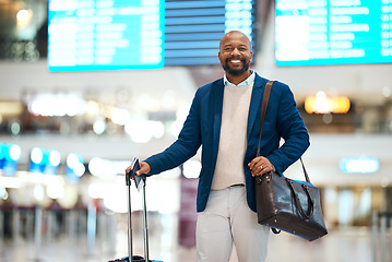 Image showing Portrait of black man, airport and smile with luggage and flight schedule display for business trip. Happiness, travel and happy businessman standing in terminal with foreign country destination.