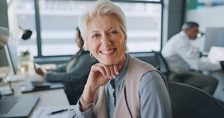 Image showing Senior employee, woman with face and happy in workplace, success and vision with leadership in coworking space. Motivation, leader and working with smile in professional portrait at office.