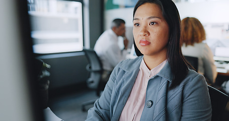 Image showing Business, asian woman and focus on typing, computer and online schedule in modern office. African American female, administrator and employee with concentration, corporate planning and professional