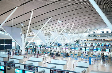 Image showing Airport, travel and arrival or departure in a terminal with a boarding gate for global or international traveling. Building, interior and architecture in an empty terminus for business or tourism