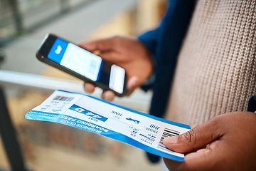 Image showing Plane ticket, flight check and black man hands holding airplane paper documents and phone. Digital app, networking and airport document for travel schedule with male holding barcode information