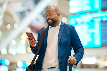 Image showing Black man in airport with passport, ticket and smile, travelling to foreign country for business trip. Visa, travel and happy businessman waiting for flight time to international destination for work