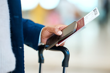 Image showing Airport, passport and ticket in man hand with phone for online booking, travel suitcase and registration. Mobile, identity document and person with luggage for immigration and waiting for flight