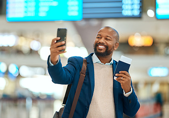 Image showing Travel, selfie and ticket with black man in airport for social media, departure and vacation. Business trip, smile and happy with passenger and picture with phone for tourism, holiday and passport