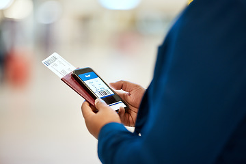 Image showing Qr code, check in and man with a phone for a ticket, airplane booking and information at airport. Travel, website and hand of a businessman reading a barcode on a mobile for a work trip or vacation