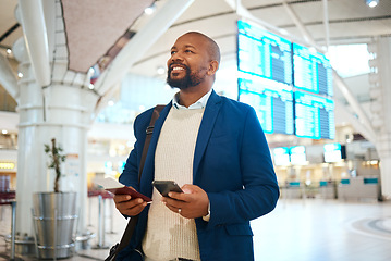 Image showing Black man with phone, ticket and passport at airport checking flight schedule online and walking in terminal. Smile, travel app and happy businessman on business trip to international destination.