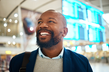 Image showing Travel, smile and happy black man in airport for international traveling or global journey. Face, immigration and thinking African businessman excited for vacation, holiday or business trip flight.