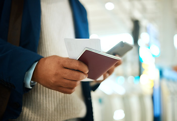 Image showing Passport, phone and man hands with ticket for online booking, fintech and digital payment registration. Mobile, travel schedule and person typing flight information and identity document at airport