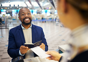 Image showing Airport, ticket booking and black man smile for customer services desk and passport registration. Excited USA business person and travel agent helping with flight identity document and hospitality