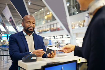 Image showing Airport, ticket service and business man or customer for booking, passport registration and desk support. African USA person and travel agent helping with flight identity document and payment receipt