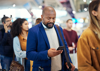 Image showing Travel, search and phone with black man in airport for flight, vacation and immigration. Queue, communication and technology with businessman in line with luggage for trip, holiday and first class