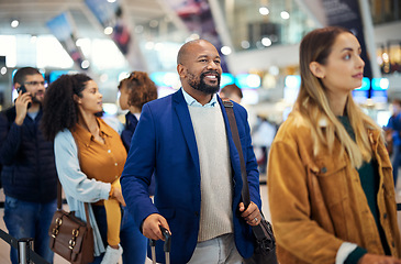 Image showing Travel, queue and smile with black man in airport for flight, vacation and immigration. Happy, international and customs with businessman in line with luggage for trip, holiday and first class