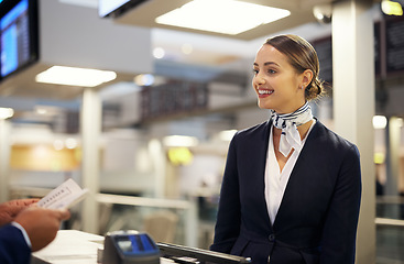 Image showing Airport, help desk and woman with customer services, ticket booking and schedule with client communication. Young travel agent talking to person for flight information, documentation and support