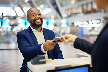 Image showing Black man, giving passport and airport for travel, security and identity for global transportation service. African businessman, documents and concierge for immigration with international transport
