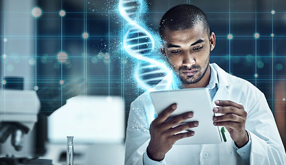 Image showing Scientist, tablet and lab with overlay for research, dna and medical innovation on cloud computing. Man, doctor and mobile touchscreen for data analytics in laboratory with 3d holographic ux in night