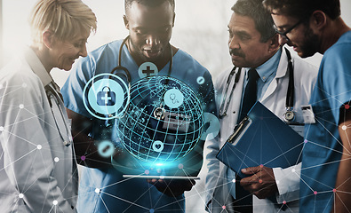 Image showing Hologram, tablet and team of doctors future technology in medical services, global research or telehealth. Nurses, healthcare people and worldwide holographic, futuristic network and cyber software