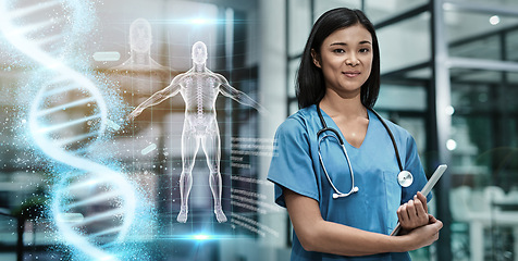 Image showing Healthcare, doctor woman portrait and body hologram overlay for health and hospital insurance. Surgeon person 3d anatomy ai technology for medical abstract or dna future, innovation and development