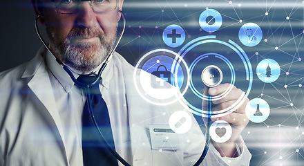 Image showing Senior doctor, stethoscope or futuristic 3d hologram overlay for healthcare, life insurance in hospital or clinic. Icons, man or medical abstract for future medicine innovation or digital development