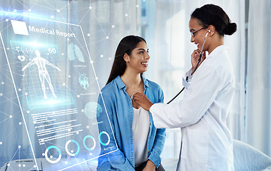 Image showing Consulting, heart and medical with doctor and woman with 3d hologram for report, stethoscope and technology. Medicine, healthcare and chart with patient and expert for future, data and graphic record
