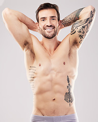 Image showing Fitness, sexy and portrait of man in underwear for sports, health and gym bodybuilder. Happy, smile and wellness with model and muscle body for nutrition, training and beauty with studio background