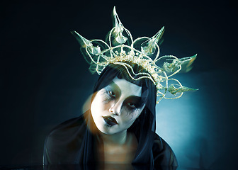 Image showing Art portrait, makeup and queen woman isolated on black background in dark fantasy, macabre and beauty character. Vampire, fashion and crown of avatar person or model cosmetics in night studio mockup