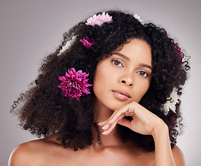 Image showing Black woman, beauty and portrait with flower hair in cosmetics or skincare against a gray studio background. African American female model face with organic hairstyle or cosmetic floral art treatment