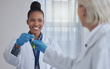 Image showing Teamwork, doctors or woman with blood in test tube for success medical search, healthcare or dna research. Science, medicine lab or scientists nurse for fluid sample analysis, study or result examine