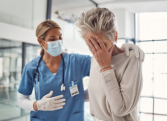 Image showing Healthcare, headache and a nurse helping a senior patient in the hospital with diagnosis or treatment. Medical, covid and consulting with a woman medicine professional working in a clinic for health