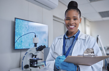 Image showing Black woman, portrait or laboratory clipboard in science research, dna engineering or data analytics. Smile, happy or scientist and paper documents in medical learning, healthcare innovation or study