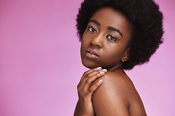 Image showing Black woman, portrait and afro beauty on pink background of aesthetic facial, cosmetics or studio mockup. African skincare model, curly hair and laser of dermatology, wellness or salon transformation