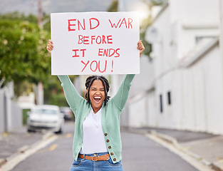 Image showing War protest, street and poster woman rally to stop Ukraine conflict, human rights support or global violence. Black student, banner portrait and social justice warrior fight for government law change