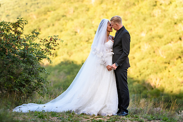 Image showing Full-length portrait of the newlyweds against the backdrop of brightly lit foliage, the newlyweds are ready to kiss