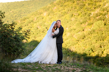 Image showing Full-length portrait of the newlyweds against the backdrop of brightly lit foliage, the newlyweds look into the frame