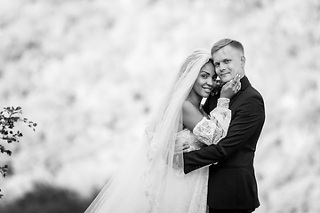 Image showing Happy newlyweds against the backdrop of evening sunny foliage, the couple looks into the frame, black and white version