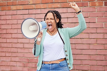 Image showing Megaphone announcement, shout and angry black woman protest for democracy vote, government justice or human rights. Global change rally, microphone noise speech and speaker with racism voice opinion