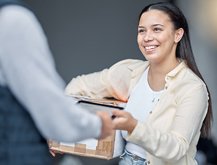 Image showing Delivery, signature and woman with a courier and box for logistics, ecommerce and package. Retail, service and man giving a customer product at the door with a tablet for online signing in agreement