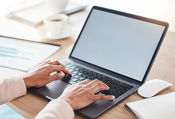 Image showing Hands, screen or woman typing laptop keyboard with mockup for trading strategy, tax or company audit review. Finance, zoom or financial advisor for stock market, invest budget or mortgage planning