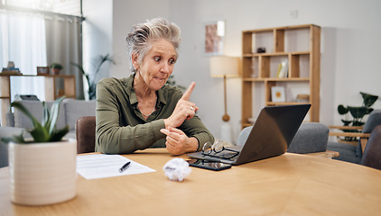 Image showing Serious senior woman on video call for investment, retirement or financial virtual communication with paperwork. Documents, taxes and elderly person talking on laptop for client experience or problem