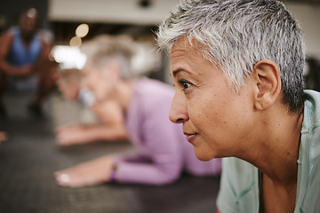 Image showing Face, elderly woman with yoga and fitness in gym, profile with retirement and health, wellness and pilates. Focus, exercise and healthy lifestyle with mockup space, active and vitality with workout