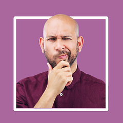 Image showing Thinking, confused and mockup by man in frame, studio and advertising, space and purple background. Doubt, unsure and contemplation by guy thoughtful, pensive or emoji gesture while standing isolated