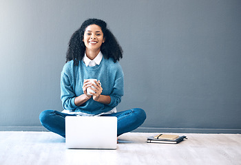 Image showing Portrait, laptop or coffee with woman on floor with mockup for planning creative idea, strategy or website review. Motivation, happy or girl employee in Brazil on tech for networking or blog content