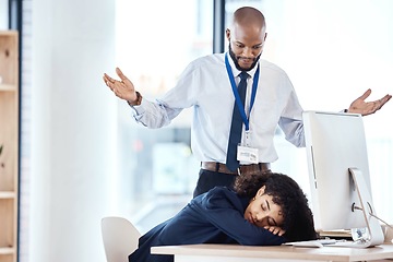 Image showing Lazy, boss and businesswoman or worker sleeping in office while frustrated or confused black man and manager watch. Employee burnout, fatigue and asleep, exhausted and overworked with angry colleague