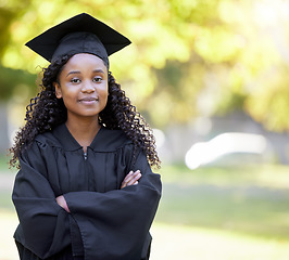 Image showing Education, student and graduation by black woman portrait at university for future, goal or success on blur background. Face, graduate and girl at college for scholarship, academic and qualification