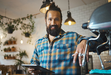 Image showing Portrait, happy or small business owner in cafe, restaurant or coffee shop with tablet standing in startup. Smile, barista man or hipster entrepreneur manager and waiter with a mindset for service