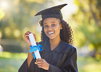 Image showing Certificate, graduation and smile with portrait of black woman in nature for education, success and college. Scholarship, study and university with student and diploma for mindset, school and future