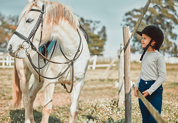 Image showing Love, girl and horse in field, countryside and bonding for hobby, summer vacation and training. Female child, kid or pet with hat, practice for competition or in field for freedom, stallion and happy