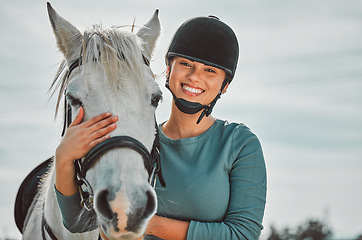 Image showing Smile, horse and relax with portrait of woman in countryside for adventure, race and embrace. Happy, care and equestrian with girl jockey and pet and affection on ranch for travel, therapy or animal