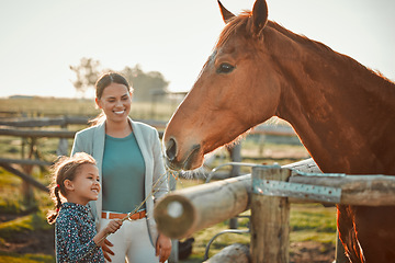 Image showing Horse feeding, girl and mother on farm with animal and smile in the countryside outdoor. Pet horses, mama and child with hand holding grass on agriculture field with mom feeling parent love on ranch