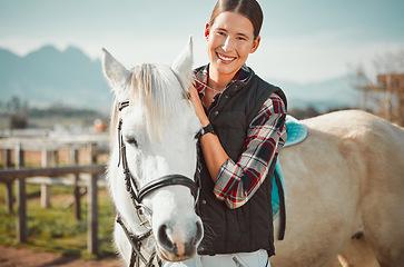 Image showing .Portrait, horse and woman with pet at ranch, bonding and animal care in the countryside outdoors. Pets, equestrian and horseback rider or smile of happy female with white stallion on farm outside.